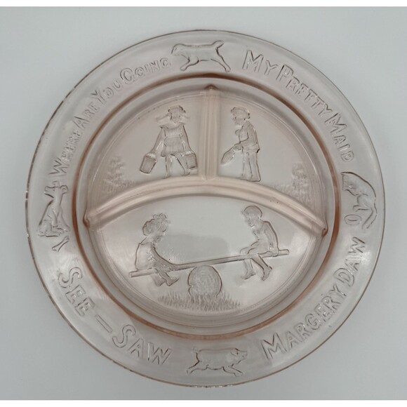 Pink Depression Glass Plate See Saw Margery Daw Childs Vintage‎ Divided Pretty - Picture 1 of 8